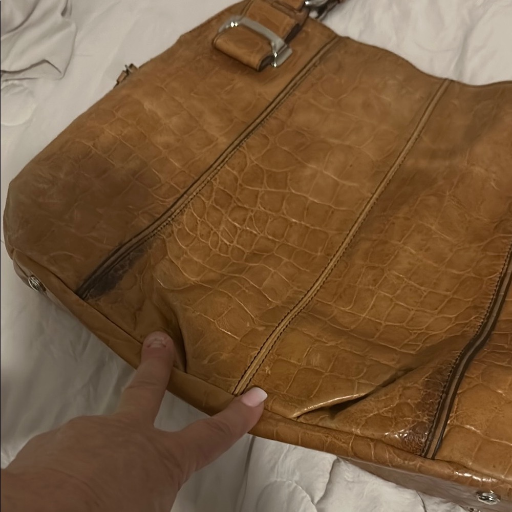 B. Makowsky Tan Shoulder Bag with Distressed Leather and Double Straps - Picture 9 of 14